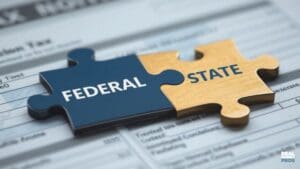 Puzzle pieces connected representing the difference between Federal and State tax laws.