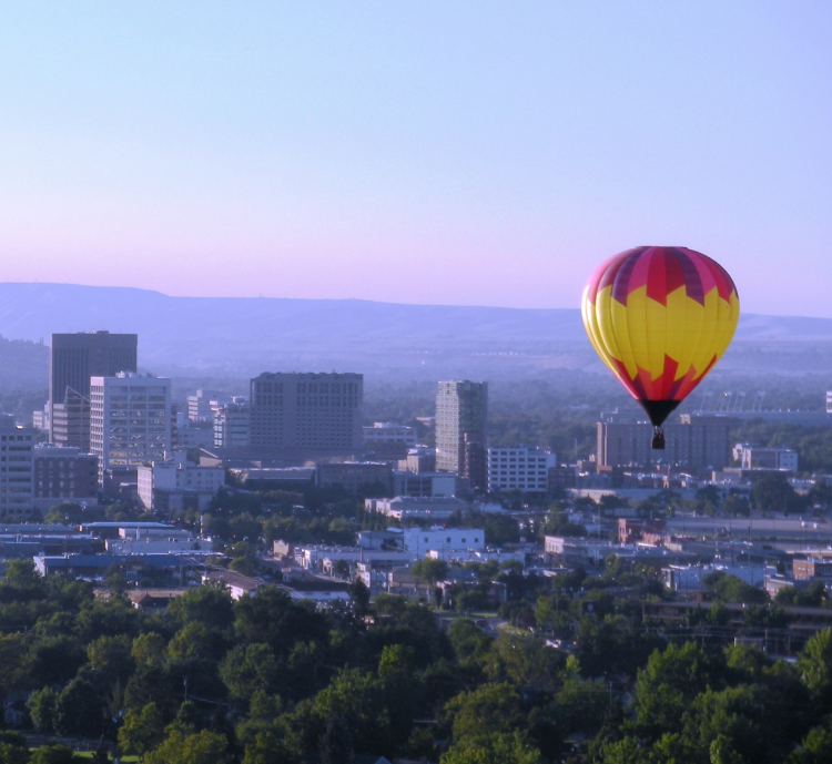 City and hot air balloon.